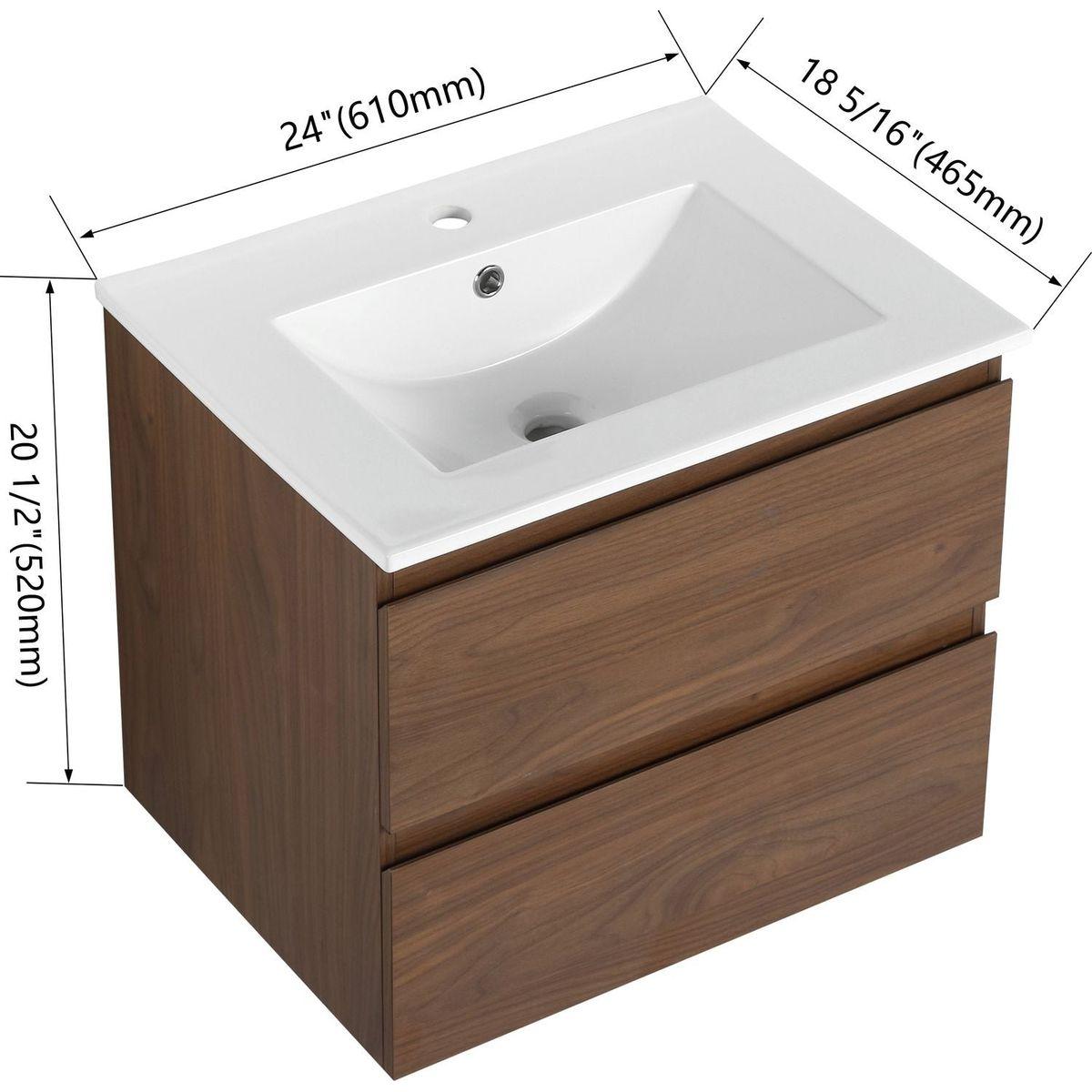 24" Wall-Mounted Bathroom Vanity With Ceramic Sink, 2-Soft Close Drawers, KD-Package