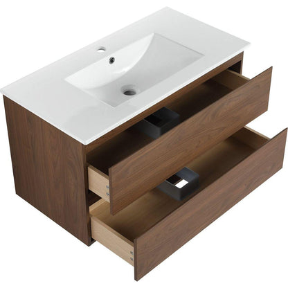 36" Wall-Mounted Bathroom Vanity With Ceramic Sink, 2-Soft Close Drawers, KD-Package