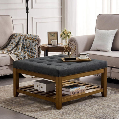 Upholstered Coffee Table Tufted Linen Large Square Ottoman with Beech Wood Shelf and Frame, Oversized Footrest Ottoman for Living Room, Dark Gray