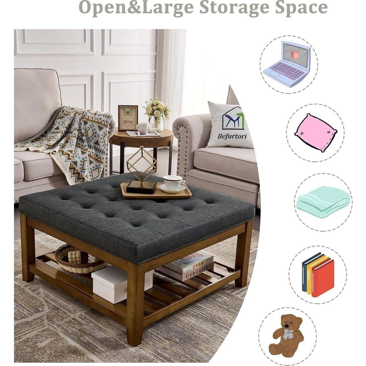 Upholstered Coffee Table Tufted Linen Large Square Ottoman with Beech Wood Shelf and Frame, Oversized Footrest Ottoman for Living Room, Dark Gray