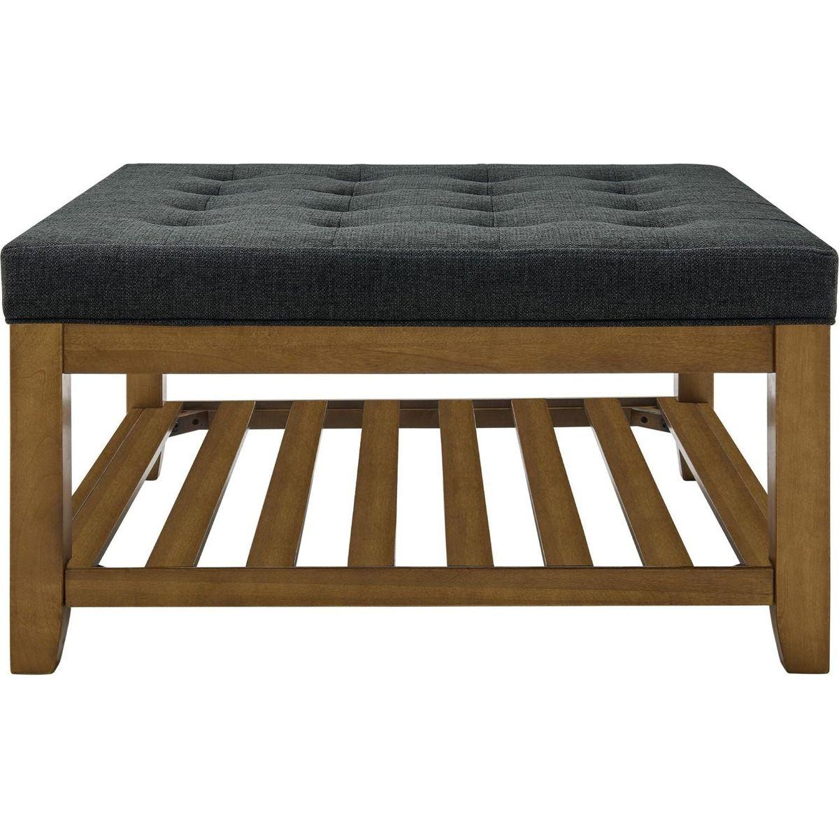 Upholstered Coffee Table Tufted Linen Large Square Ottoman with Beech Wood Shelf and Frame, Oversized Footrest Ottoman for Living Room, Dark Gray