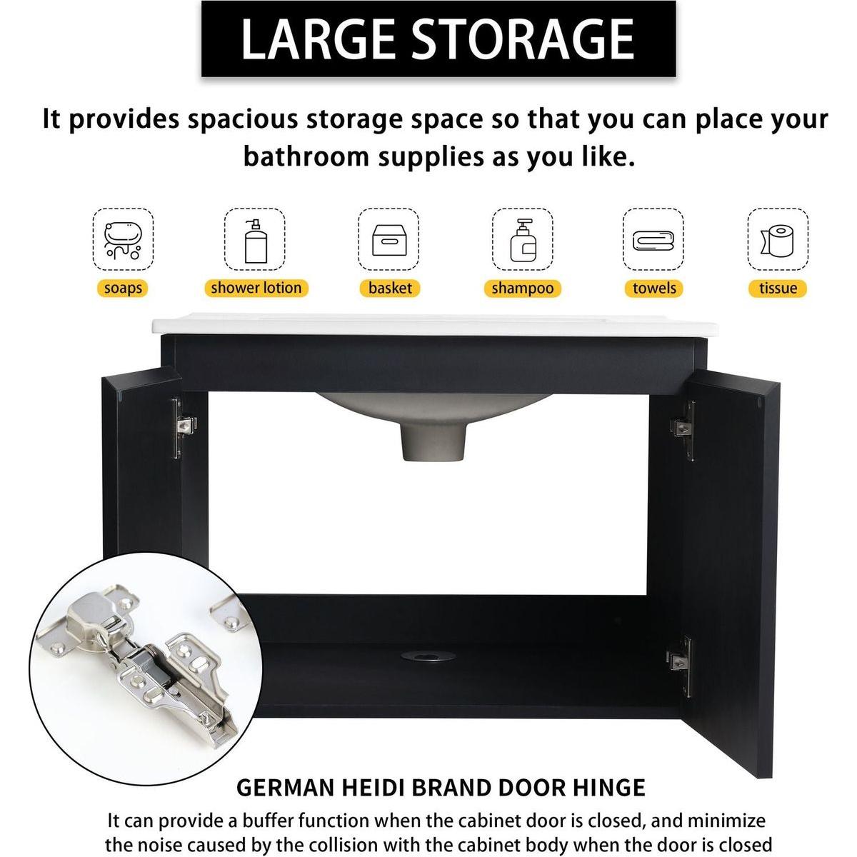 24" Floating Wall-Mounted Bathroom Vanity With Ceramics Sink & Soft-Close Cabinet Door, KD-Package