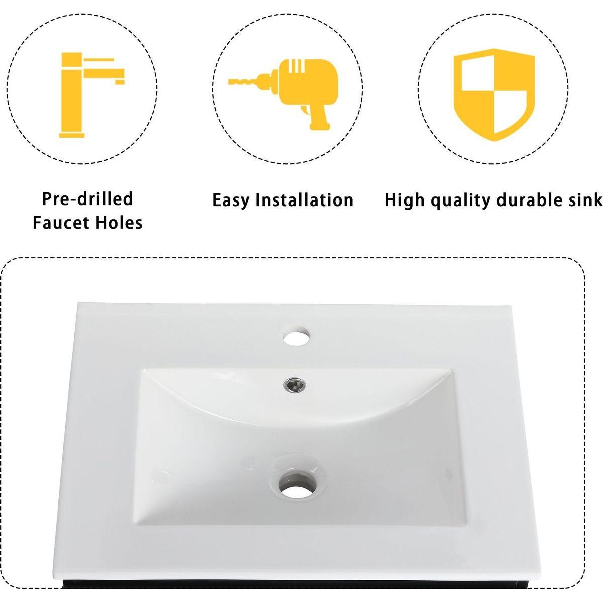 24" Floating Wall-Mounted Bathroom Vanity With Ceramics Sink & Soft-Close Cabinet Door, KD-Package