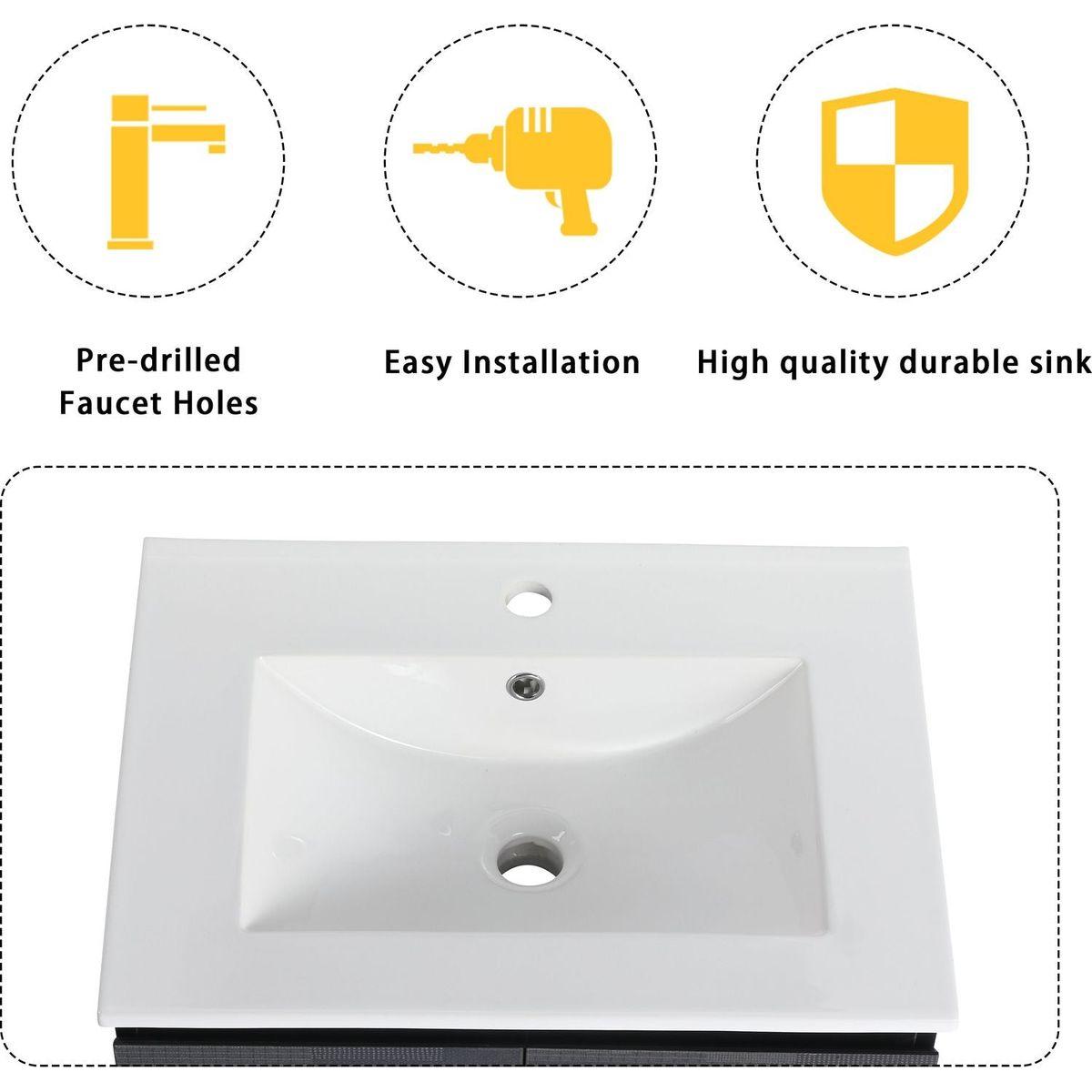 24" Floating Wall-Mounted Bathroom Vanity With Ceramics Sink & Soft-Close Cabinet Door, KD-Package