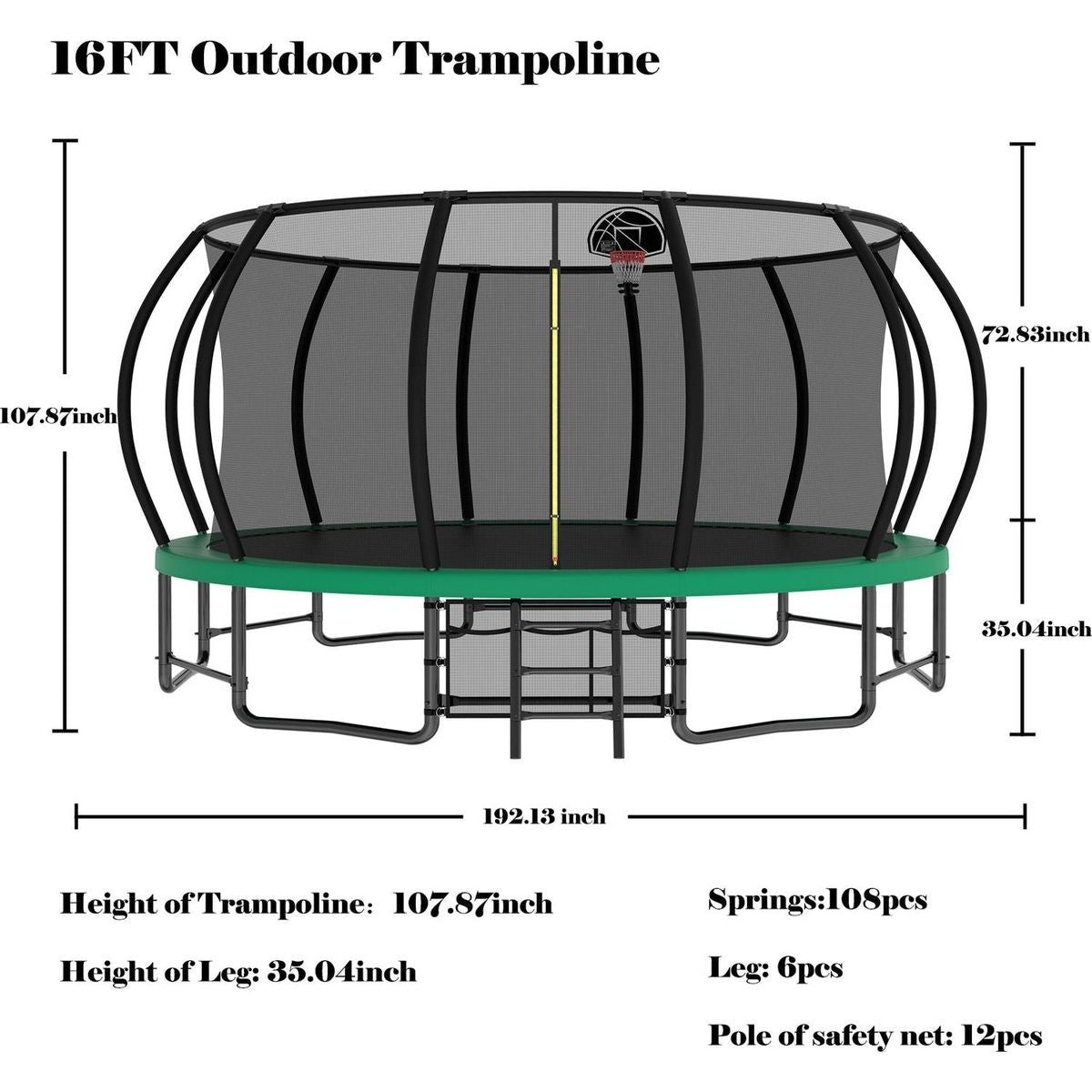 16FT Outdoor Trampoline for Kids and Adults, Pumpkin Trampolines with Curved Poles,Heavy Duty Trampoline Anti-Rust Coating ASTM Approval