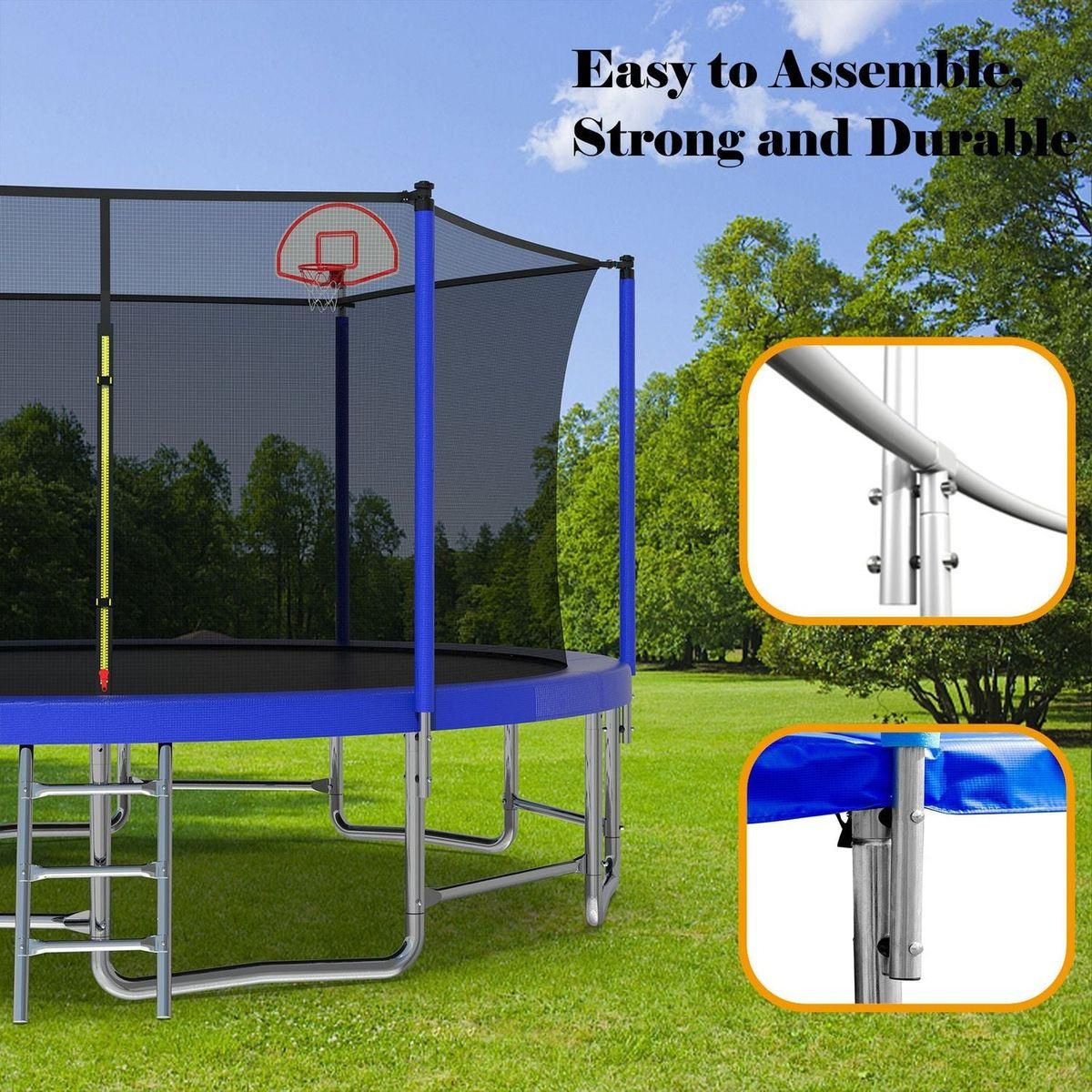 16FT Trampoline with Balance Bar & Basketball Hoop&Ball, ASTM Approved Reinforced Type Outdoor Trampoline with Enclosure Net