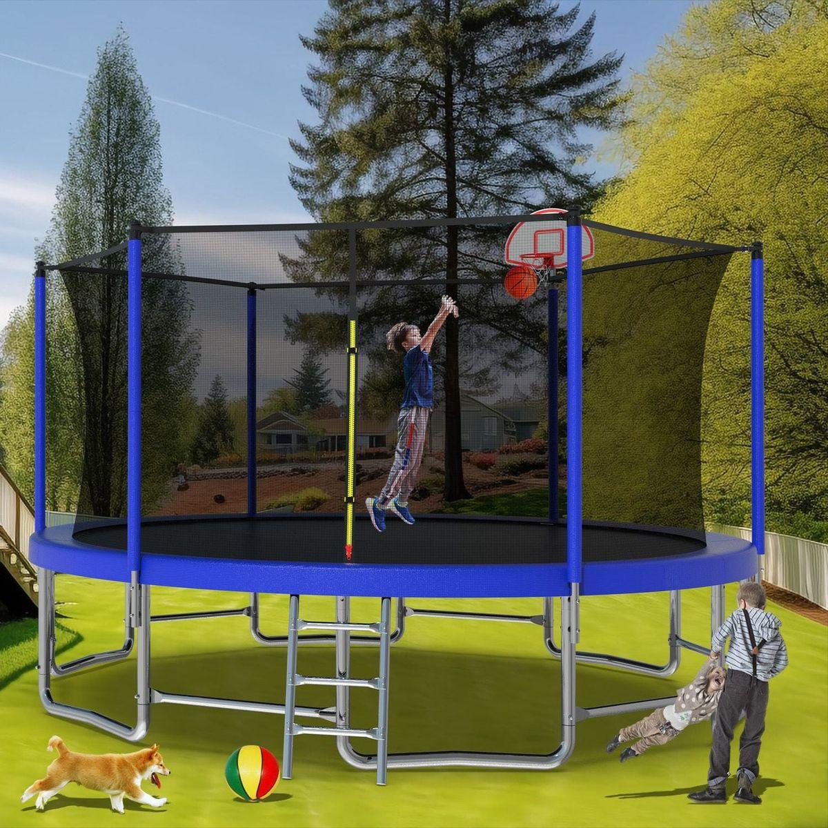 16FT Trampoline with Balance Bar & Basketball Hoop&Ball, ASTM Approved Reinforced Type Outdoor Trampoline with Enclosure Net