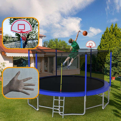 16FT Trampoline with Balance Bar & Basketball Hoop&Ball, ASTM Approved Reinforced Type Outdoor Trampoline with Enclosure Net