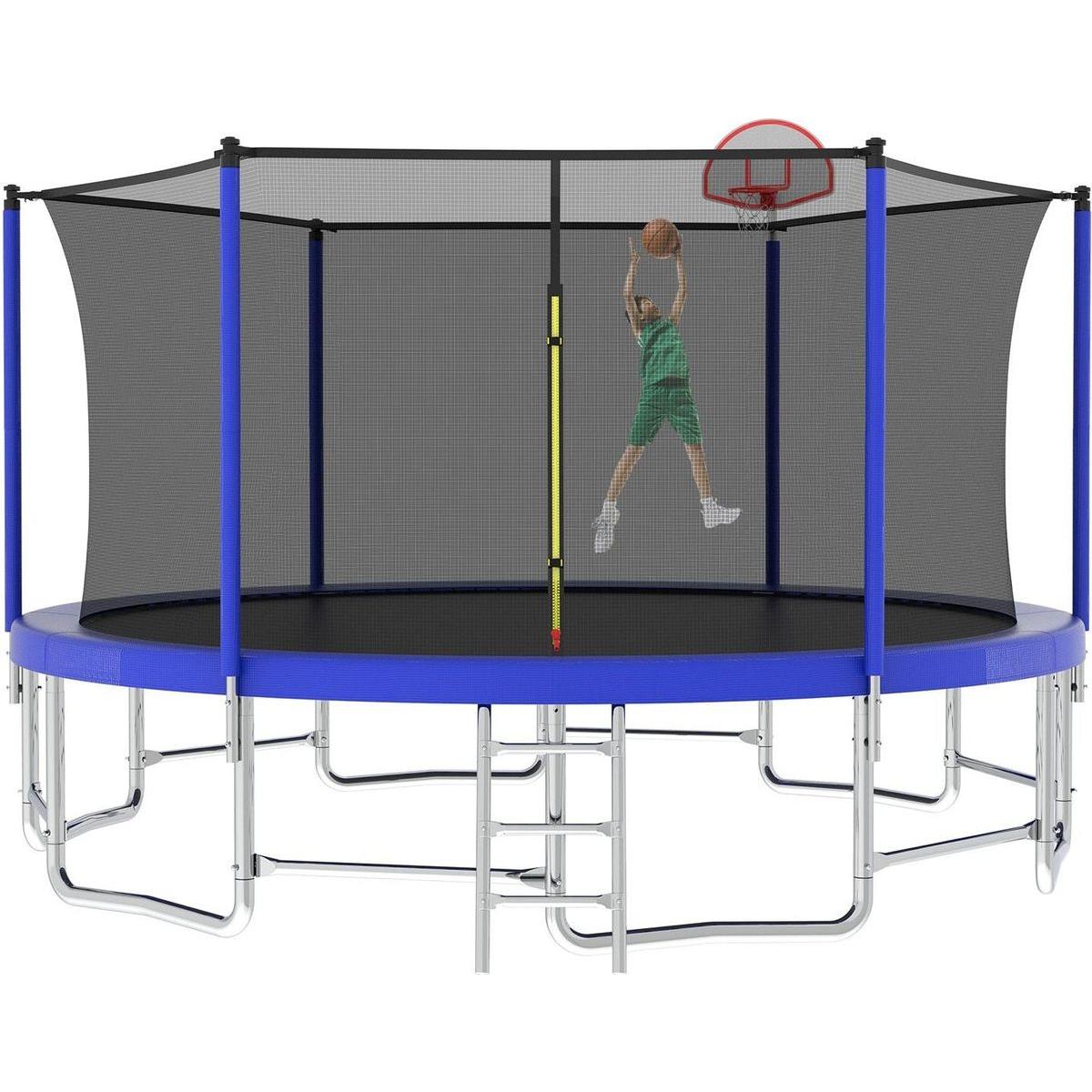 16FT Trampoline with Balance Bar & Basketball Hoop&Ball, ASTM Approved Reinforced Type Outdoor Trampoline with Enclosure Net