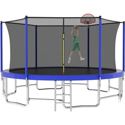 16FT Trampoline with Balance Bar & Basketball Hoop&Ball, ASTM Approved Reinforced Type Outdoor Trampoline with Enclosure Net