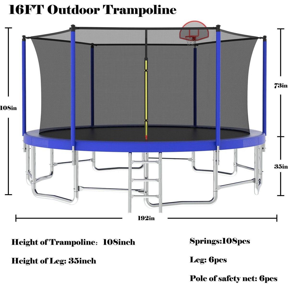 16FT Trampoline with Balance Bar & Basketball Hoop&Ball, ASTM Approved Reinforced Type Outdoor Trampoline with Enclosure Net