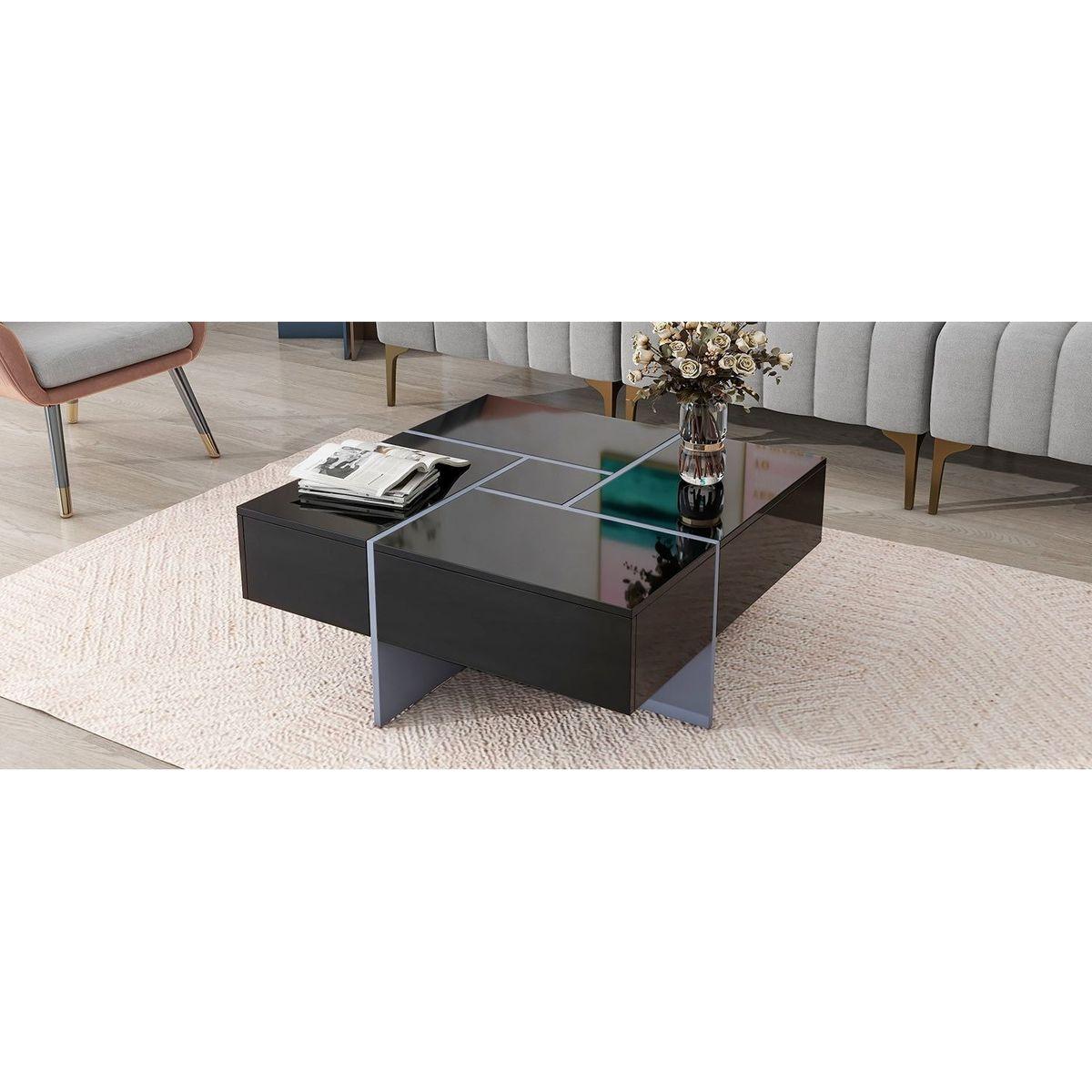 Unique Design Coffee Table with 4 Hidden Storage Compartments, Square Cocktail Table with Extendable Sliding Tabletop, UV High-gloss Design Center Table for Living Room, 31.5"x 31.5"