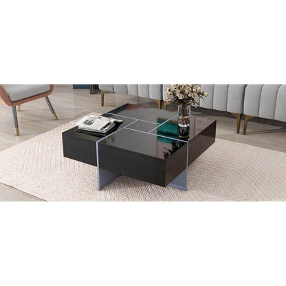 Unique Design Coffee Table with 4 Hidden Storage Compartments, Square Cocktail Table with Extendable Sliding Tabletop, UV High-gloss Design Center Table for Living Room, 31.5"x 31.5"
