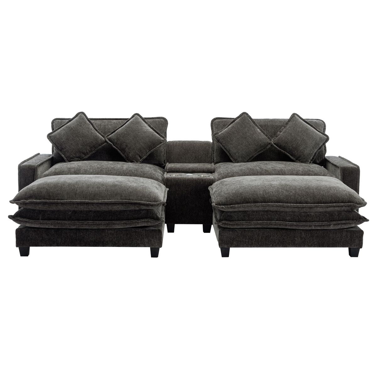 Modern Chenille Upholstered Sectional Sofa with Ottomans, USB Ports, Cup Holders, and Storage in Grey