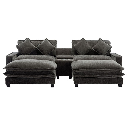 Modern Chenille Upholstered Sectional Sofa with Ottomans, USB Ports, Cup Holders, and Storage in Grey