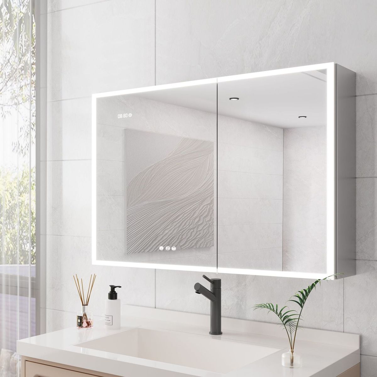 Bathroom Medicine Cabinet with Lights, 36x24 Inch LED Medicine Cabinet with Mirror, Double Door Lighted Medicine Cabinet with Defogger, Dimmer, Clock & Temp Display, 2 Outlets & USB Ports