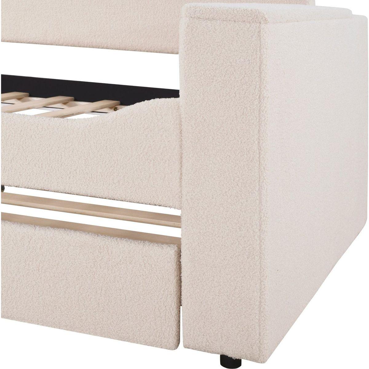 Twin Size Upholstered Daybed with Storage Armrests, Trundle and Latest Integrated Bluetooth Audio System, Teddy Fleece, Beige