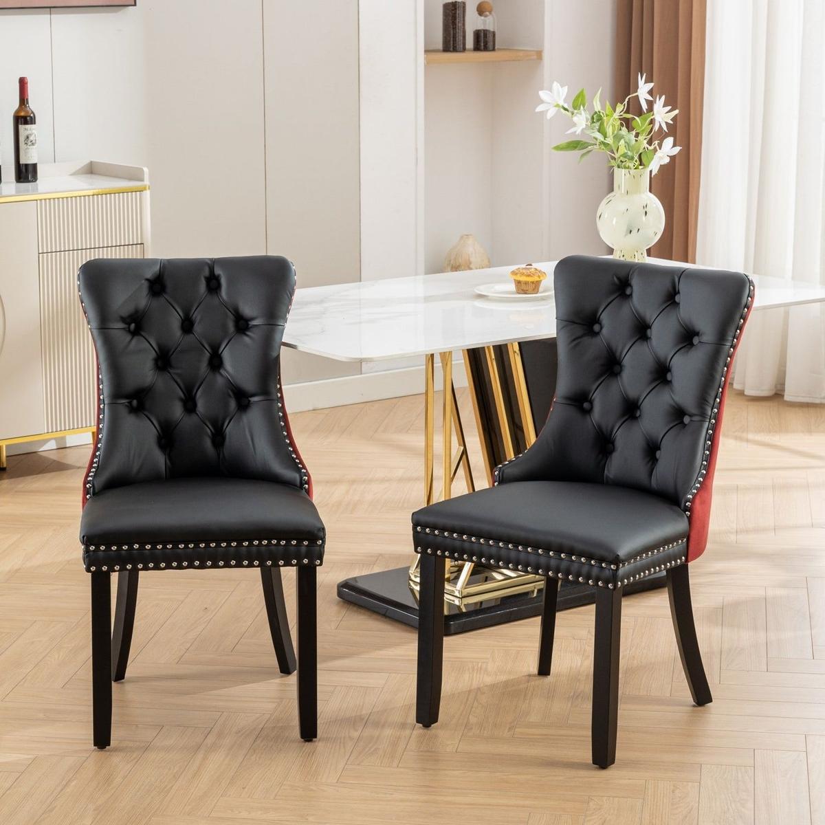 Nikki Collection Modern, High-end Tufted Solid Wood Contemporary PU and Velvet Upholstered Dining Chair with Wood Legs Nailhead Trim 2-Pcs Set, Black+WineRed, Burgundy
