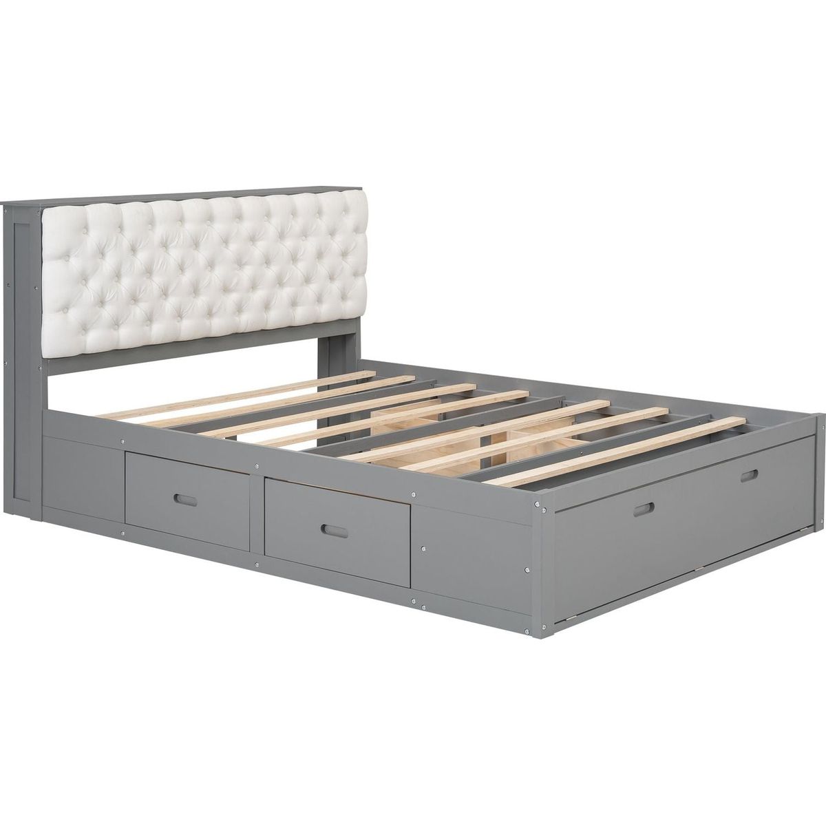 Wood Queen Size Platform Bed with Storage Headboard, shoe rack and 4 drawers,Gray
