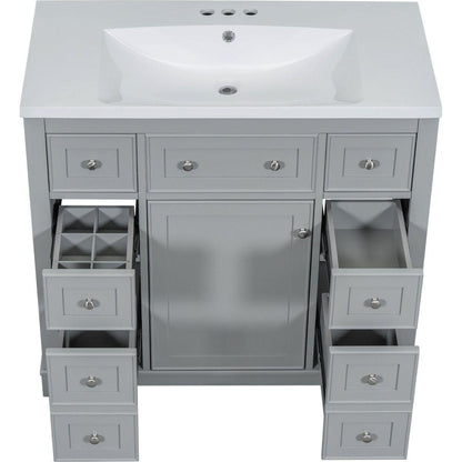 36" Bathroom Vanity with Sink Combo, One Cabinet and Six Drawers, Solid Wood and MDF Board, Grey