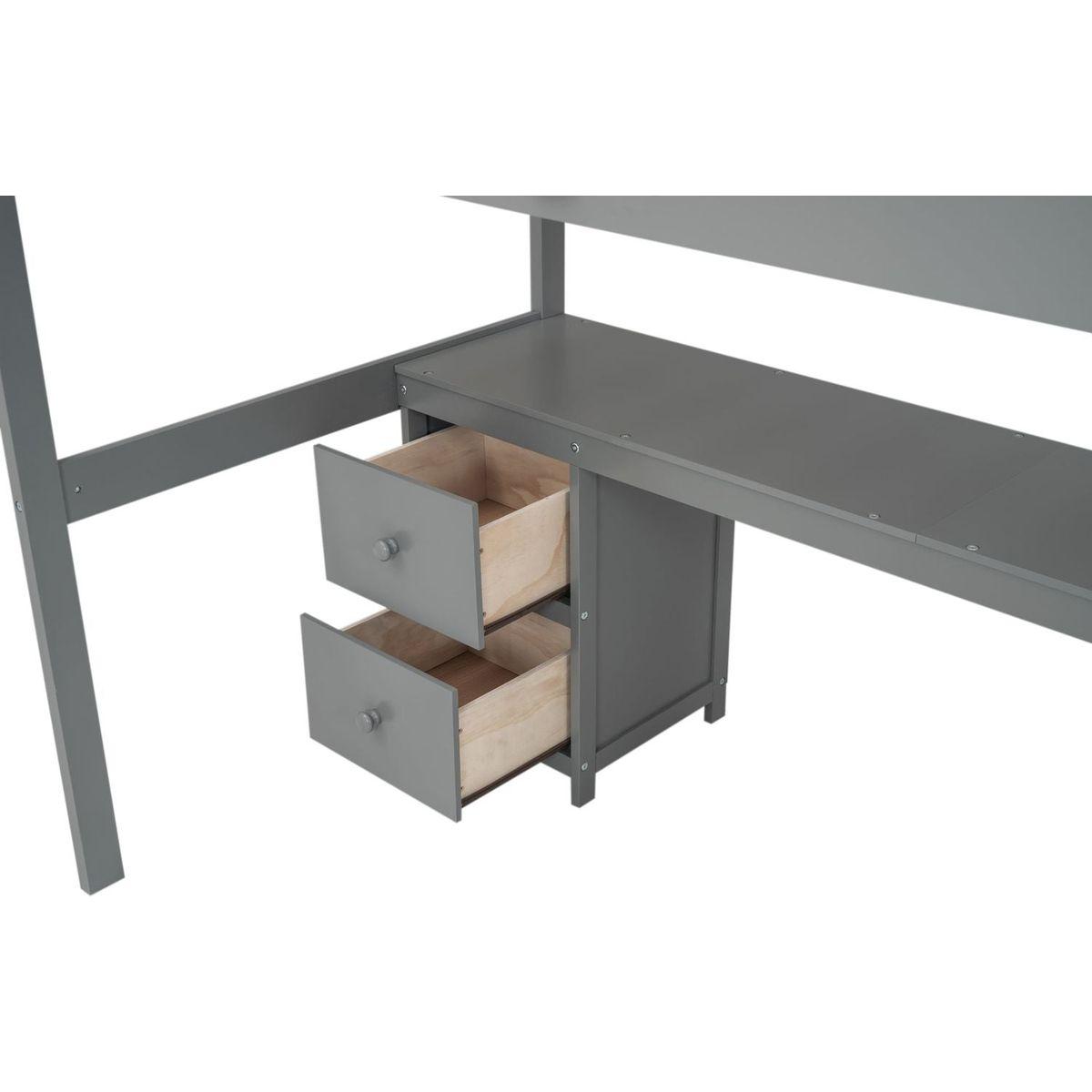 Twin Size Loft Bed Frame with Built-in Desk and Double Storage Drawers,Gray