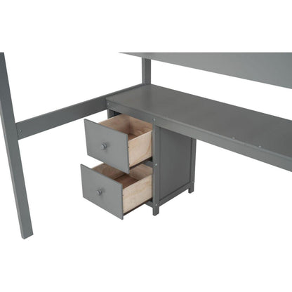 Twin Size Loft Bed Frame with Built-in Desk and Double Storage Drawers,Gray
