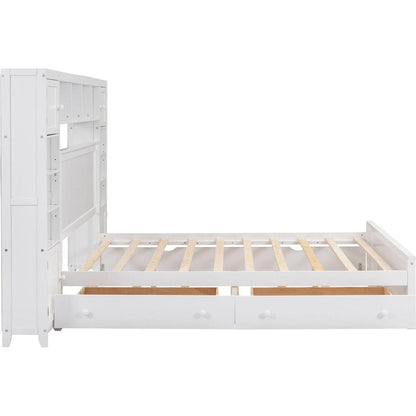 Queen Size Wooden Bed With All-in-One Cabinet, Shelf and Sockets, White