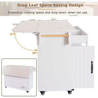 Kitchen Island with Trash Can Storage Cabinet, Kitchen Cart with Drop Leaf, Spice Rack, Towel Rack and Drawer, Rolling Kitchen Island on Wheels with Adjustable Shelf, White