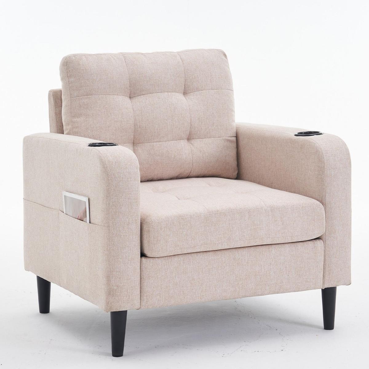 Beige Upholstered Armchair and Storage Ottoman Set - Comfortable Single Sofa with Cup Holders and Tufted Detailing, Ideal for Living Room or Bedroom