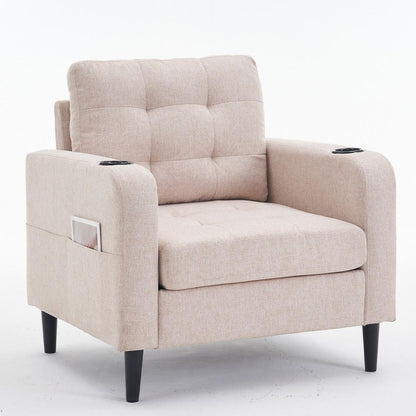 Beige Upholstered Armchair and Storage Ottoman Set - Comfortable Single Sofa with Cup Holders and Tufted Detailing, Ideal for Living Room or Bedroom