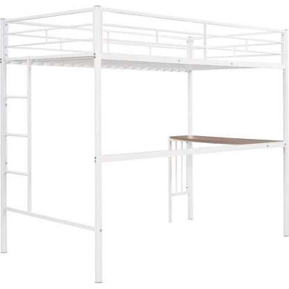 Twin Metal Bunk Bed with Desk, Ladder and Guardrails, Loft Bed for Bedroom, White