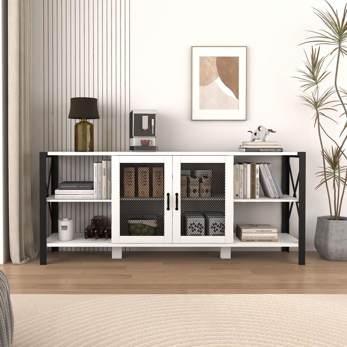 TV Stands for Living Room, Industrial TV Stand for Bedroom Furniture, Farmhouse TV Stand 80 Inch Television Stand, Modern Horizontal Wood and Metal Open Bookshelf