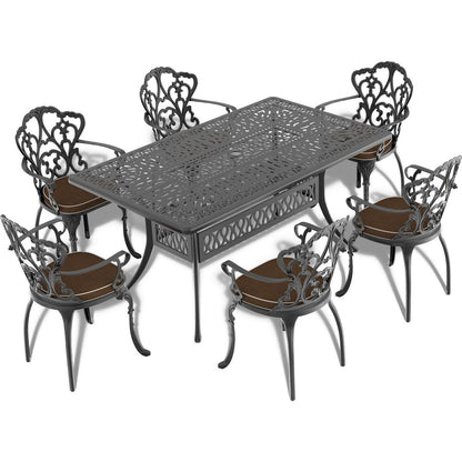 L58.27xW34.65-inch Cast Aluminum Patio Dining Table With Black Frame and Umbrella Hole