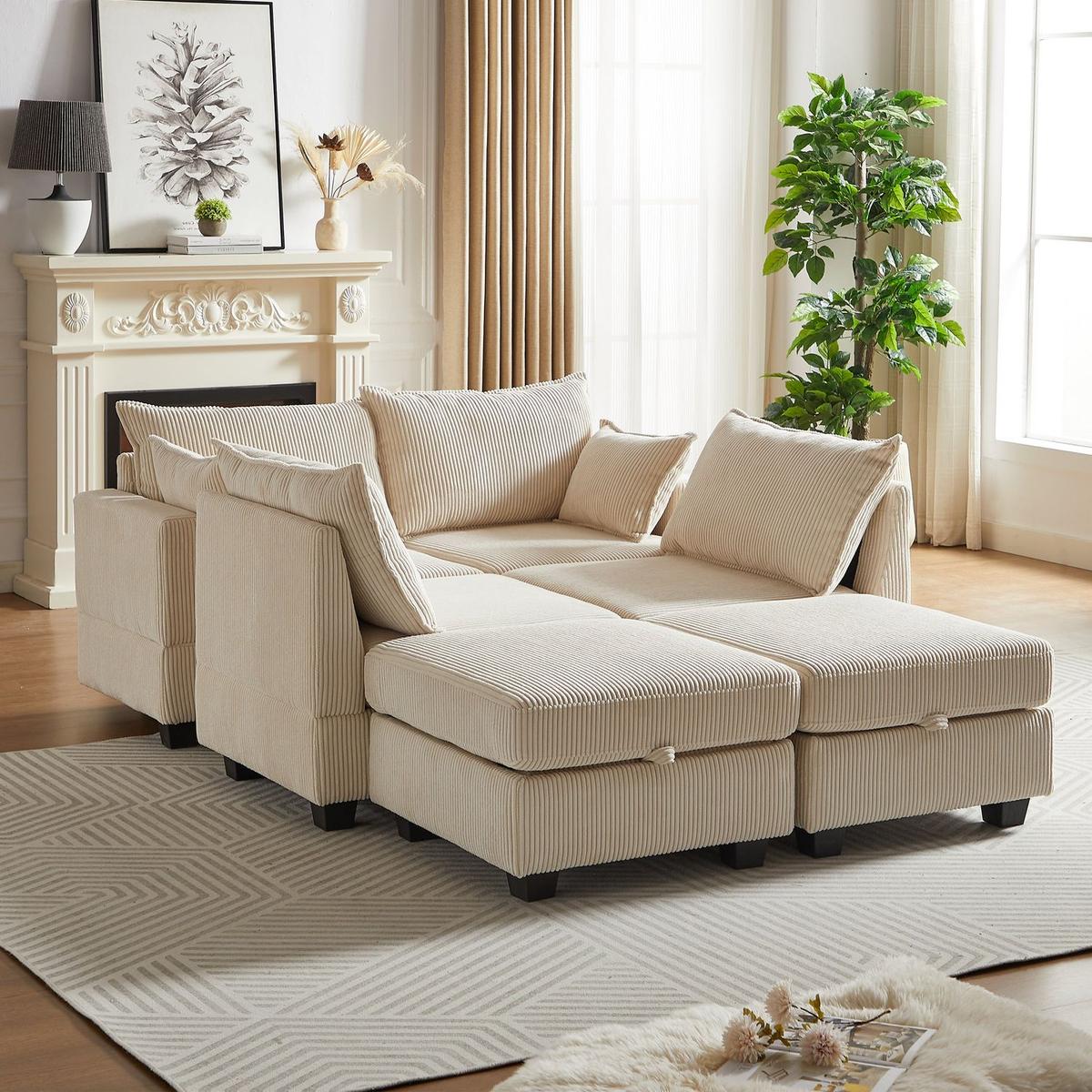 113.5" Modular Sectiona Corduroy Sofa, Sectional Couches for Living Room U Shaped Sectional Couch with Storage Ottoman, 6 Seats Convertible Sectionals with Chaise