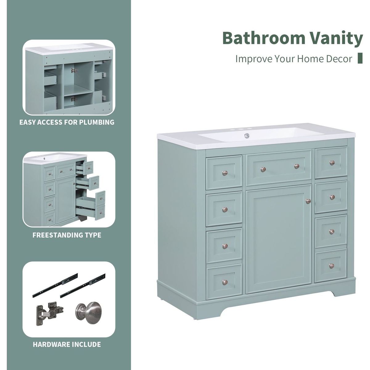 36" Bathroom Vanity with Sink Combo, One Cabinet and Six Drawers, Solid Wood and MDF Board, Green