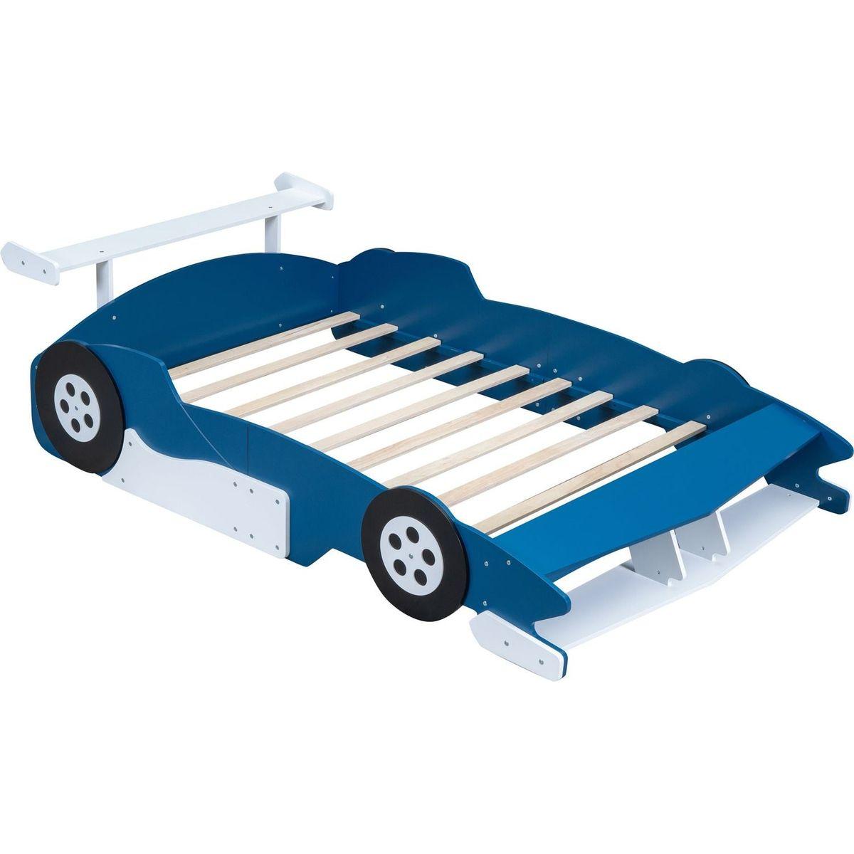 Full Size Race Car-Shaped Platform Bed with Wheels,Blue