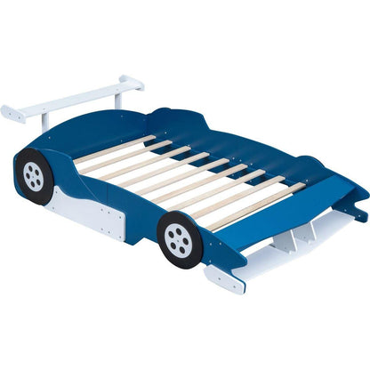 Full Size Race Car-Shaped Platform Bed with Wheels,Blue