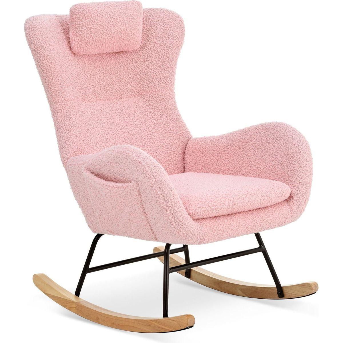 Rocking Chair Nursery, Teddy Upholstered Rocker Glider Chair with High Backrest, Adjustable Headrest & Pocket, Comfy Glider Chair for Nursery, Bedroom, Living Room, Offices, Rubber wood, pink