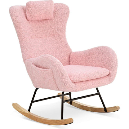 Rocking Chair Nursery, Teddy Upholstered Rocker Glider Chair with High Backrest, Adjustable Headrest & Pocket, Comfy Glider Chair for Nursery, Bedroom, Living Room, Offices, Rubber wood, pink