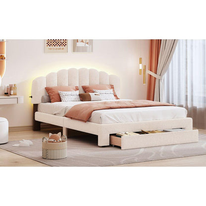 Teddy Fleece Queen Size Upholstered Platform Bed with Drawer, Beige