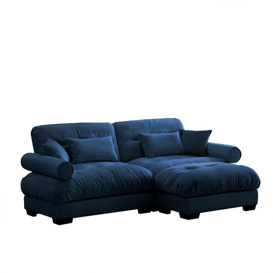 Modern Velvet Two-Seater Sofa with Ottoman, Round Bolster Armrests, Waist and Throw Pillows, L Shape, Blue