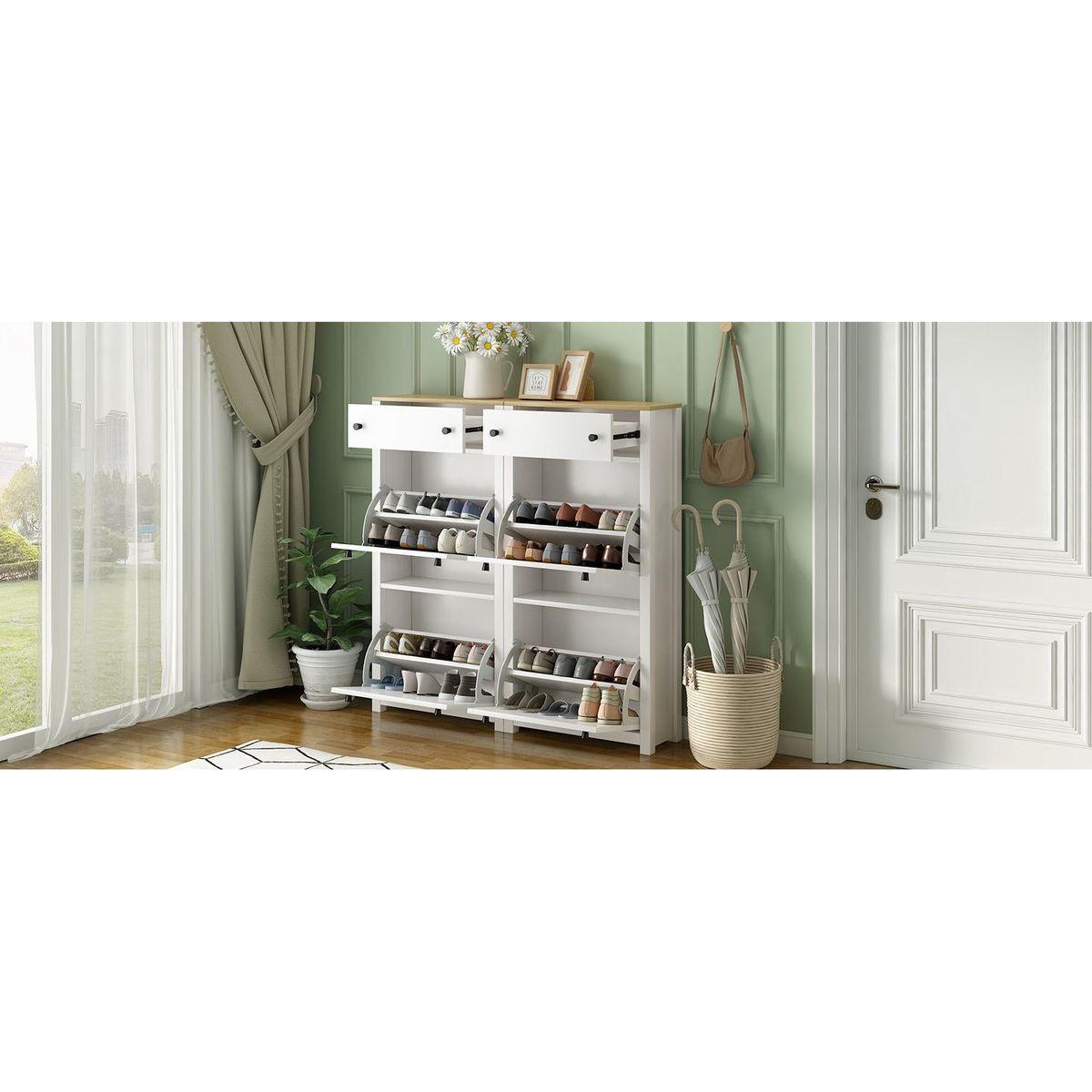 Slim Shoe Cabinet Set with 4 Flip Drawers, Wood Grain Pattern Top Shoe Storage Solution with Adjustable Panel, Modern Style Shoe Rack with Drawers for Hallway, White