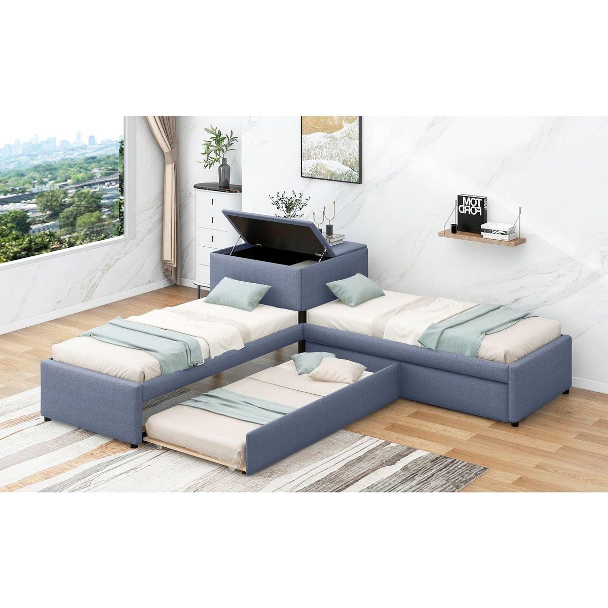 L-shaped Upholstered Platform Bed with Trundle and Two Drawers Linked with built-in Desk,Twin,Gray