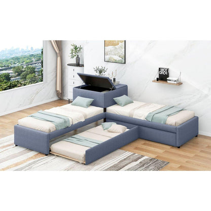 L-shaped Upholstered Platform Bed with Trundle and Two Drawers Linked with built-in Desk,Twin,Gray