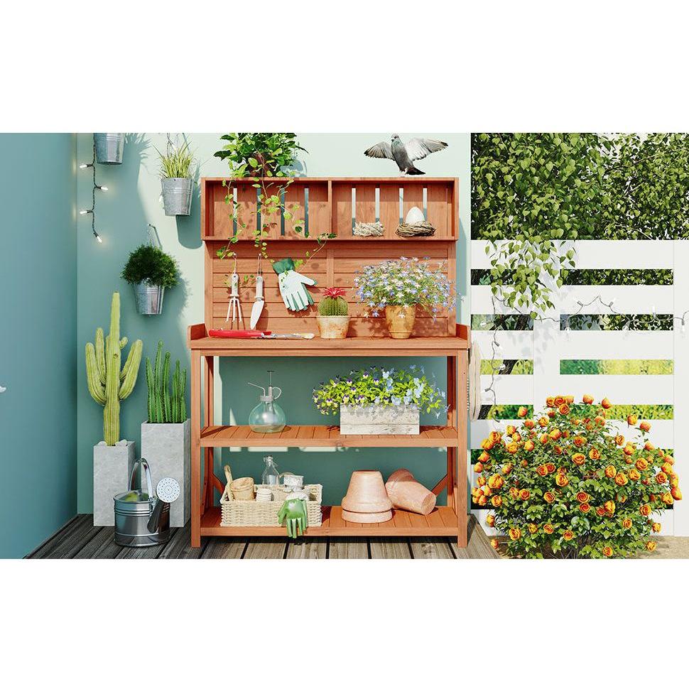 65" Large Wooden Farmhouse Rustic Outdoor Potting Bench Table, Patio Workstation, Garden Potting Bench with 4 Storage Shelves and Side Hook,Natural