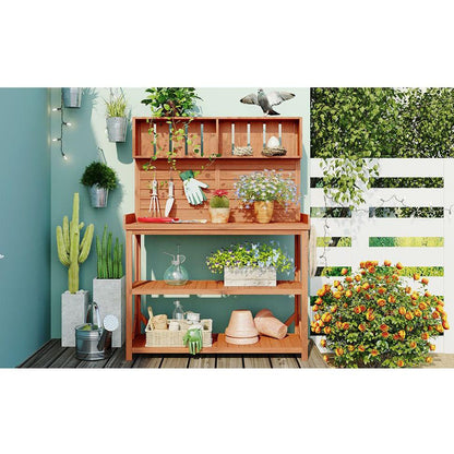 65" Large Wooden Farmhouse Rustic Outdoor Potting Bench Table, Patio Workstation, Garden Potting Bench with 4 Storage Shelves and Side Hook,Natural