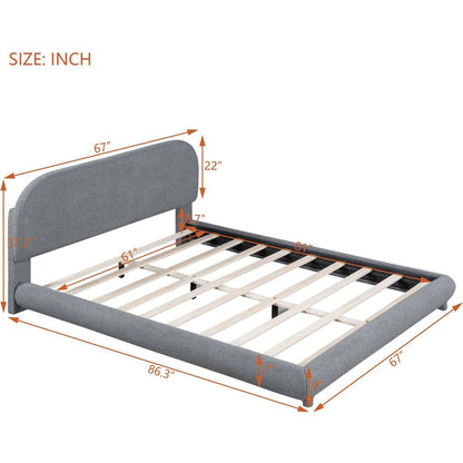 Teddy Fleece Queen Size Upholstered Platform Bed with Thick Fabric, Solid Frame and Stylish Curve-shaped Design, Gray