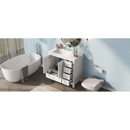 36" White Bathroom Vanity with Ceramic Sink Combo, Abundant Storage Cabinet -2 Soft-close doors and 5 drawers