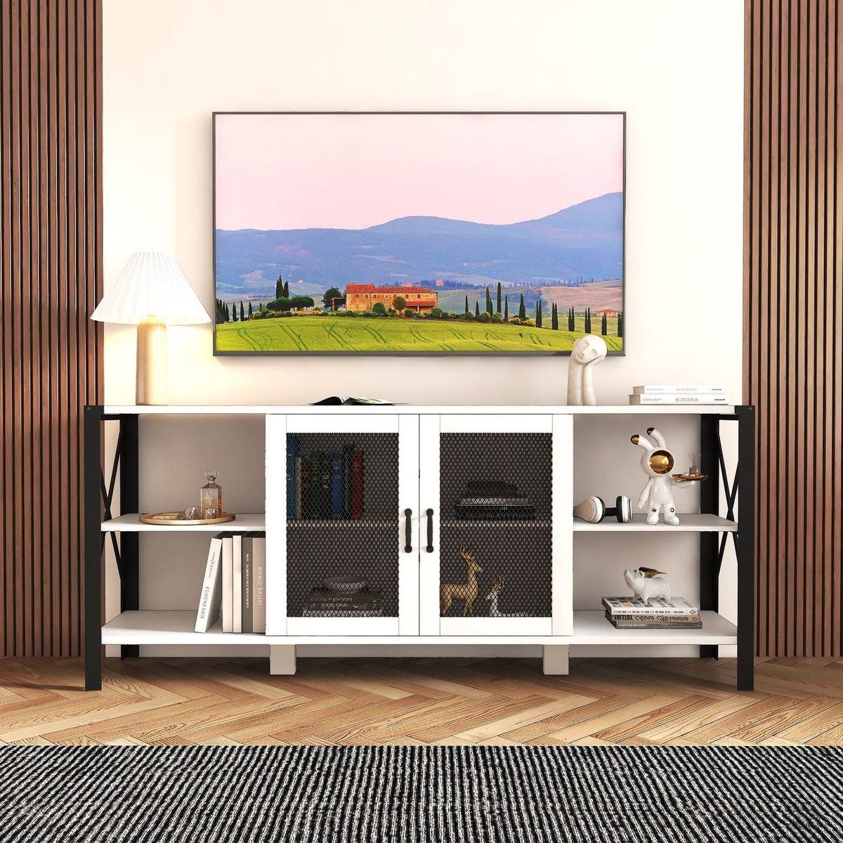 TV Stands for Living Room, Industrial TV Stand for Bedroom Furniture, Farmhouse TV Stand 80 Inch Television Stand, Modern Horizontal Wood and Metal Open Bookshelf
