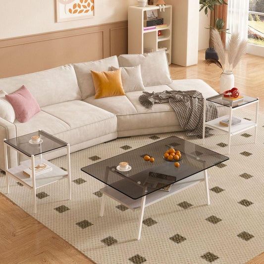 Coffee Table and End tables Set of 3, Tempered Glass Table with MDF layer, Modern Tables for Living Room , Gray Glass